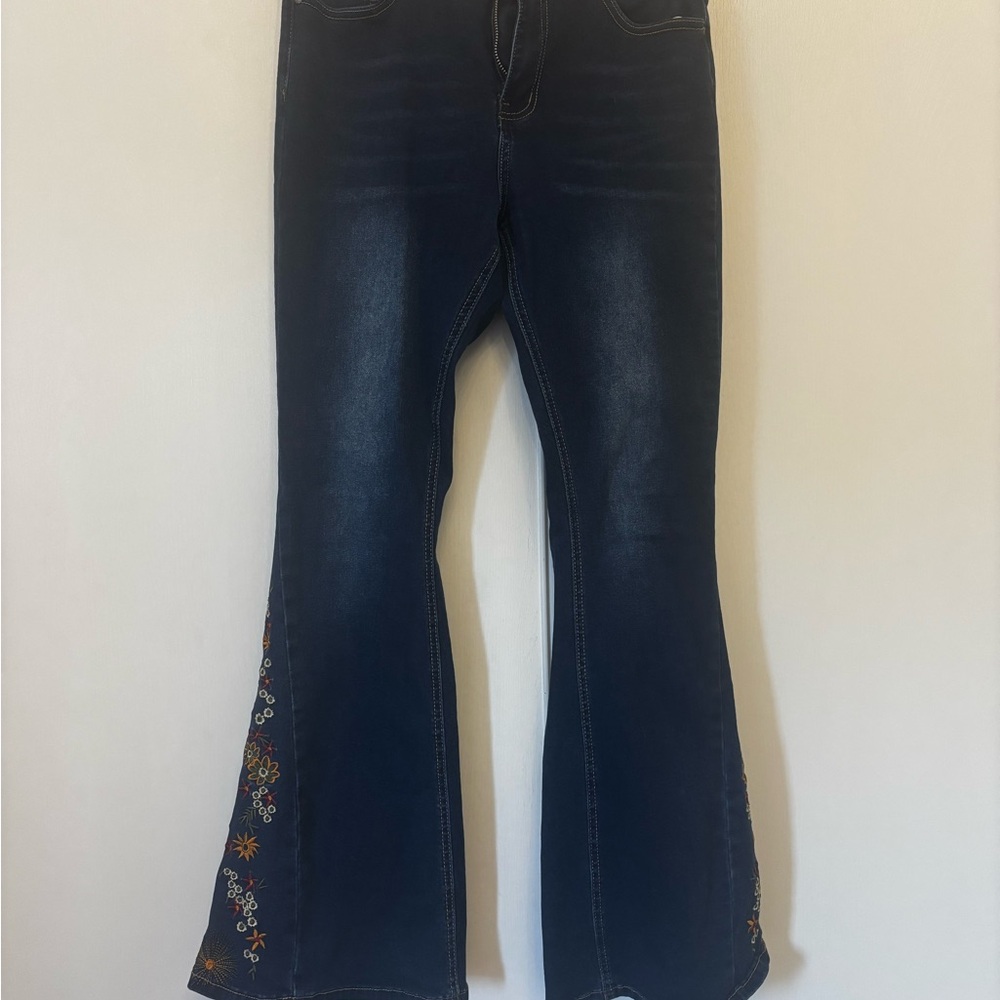 Women's Dark Blue Embroidered Flare Jeans